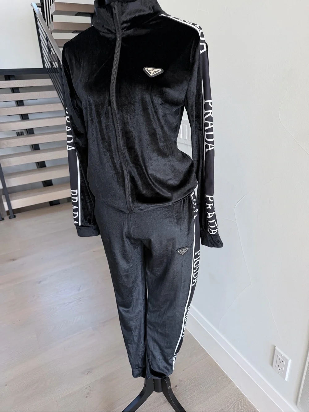 Prada Black Velour Track Jacket & Pants Set size S